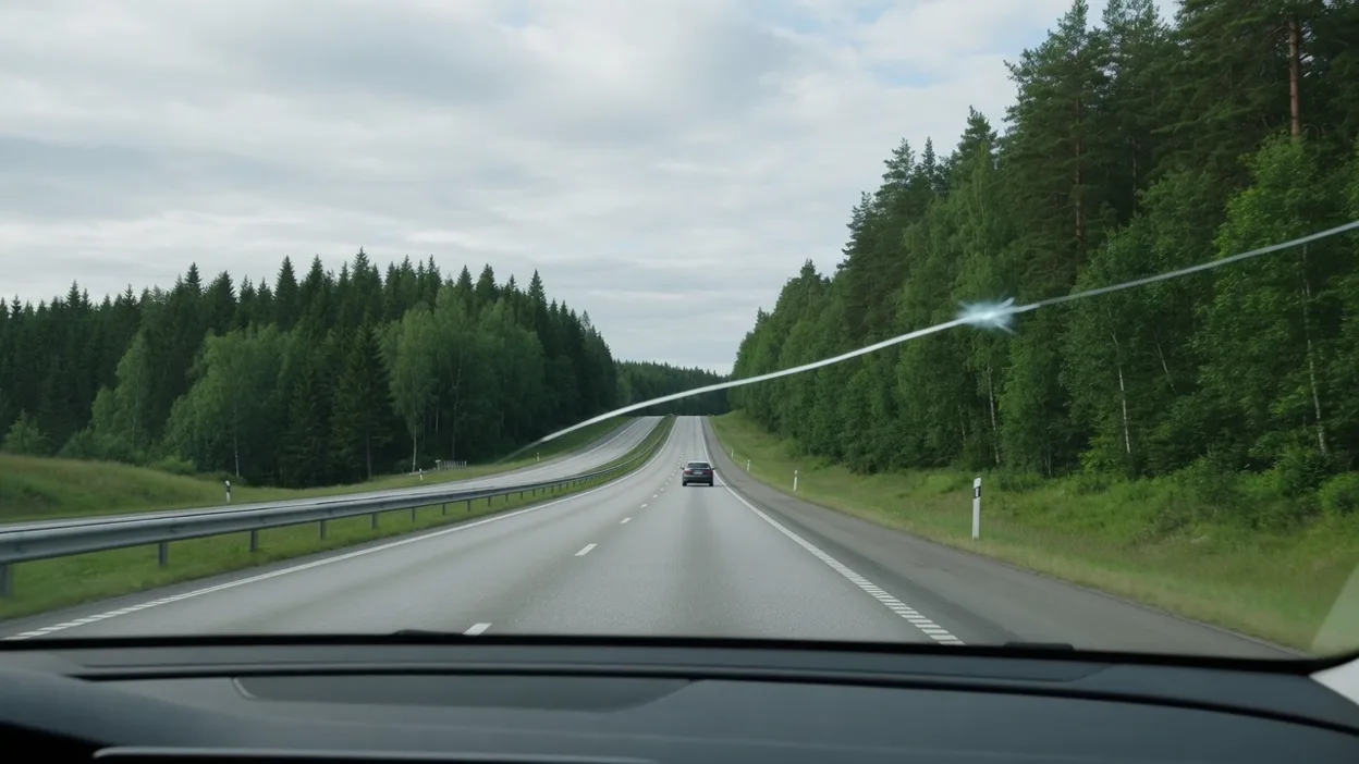 Förarvy på en väg med skog på sidorna, på väg mot bilglasverkstaden
