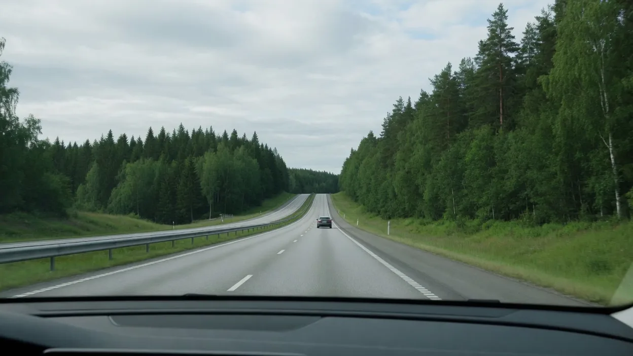Förarvy genom en hel vindruta på en svensk motorväg med skog på sidorna