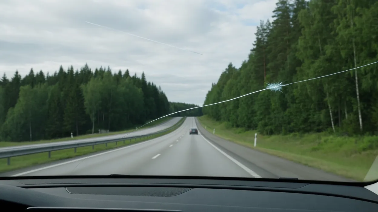 Sprucken vindruta sedd från förarplats på en väg