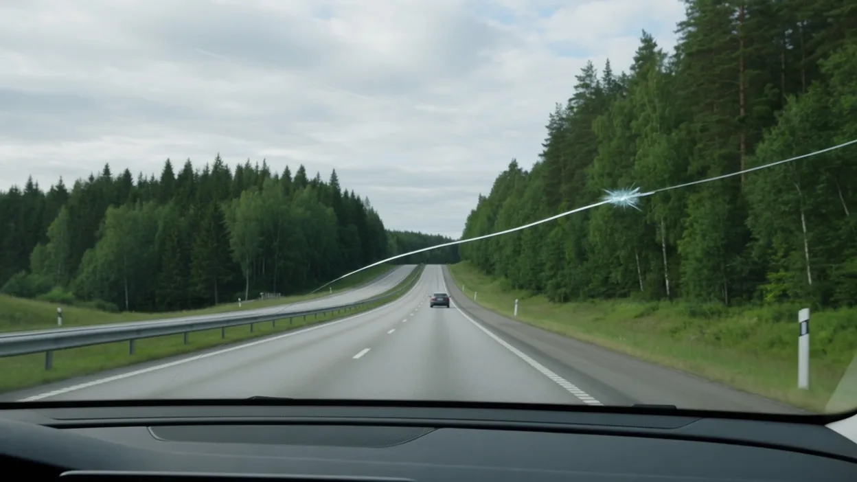 Ett stenskott i en vindruta sett från förarplats på en väg