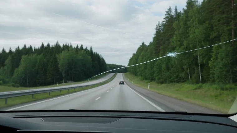 Förarvy genom vindrutan på en motorväg med skog på sidorna