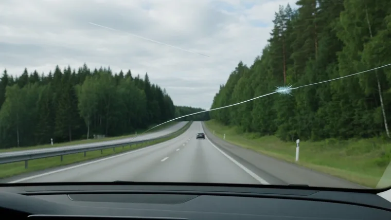 Vindruta med ett stenskott och sprickor, sedd från förarplats på en väg