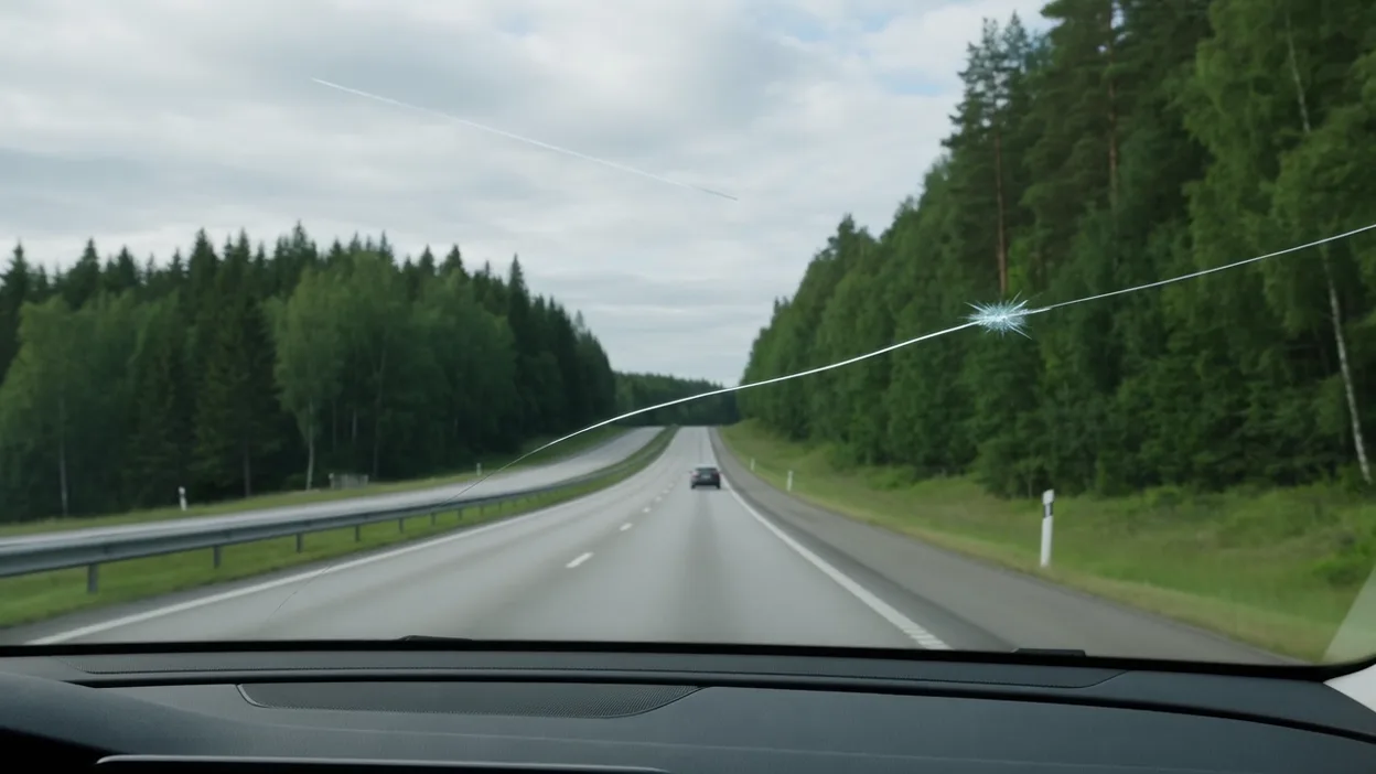 Vindruta med ett stenskott och sprickor, sedd från förarplats på en väg
